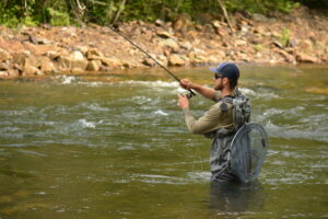 An Angler euro nymphing a nice run on the Clarion River in Pennsylvania