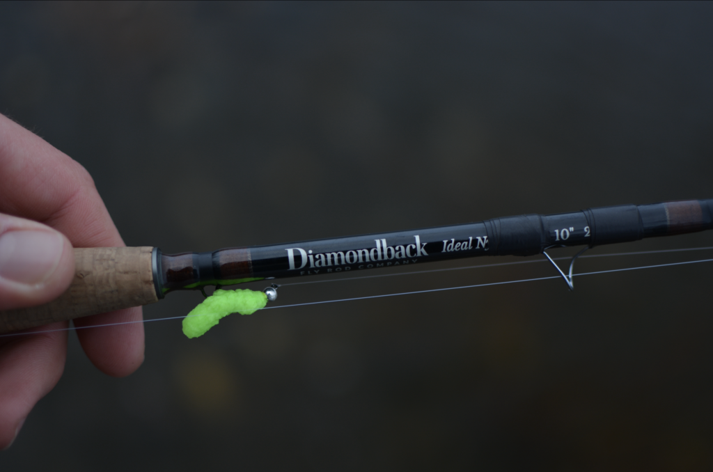 A mop fly ready to be fished for stocked trout
